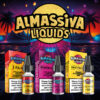Drei Sorten Al Massiva Liquids (5 Palm, Nightkill, GhettoLied) vor Retro-Palmenhintergrund mit Nikotinwarnung.