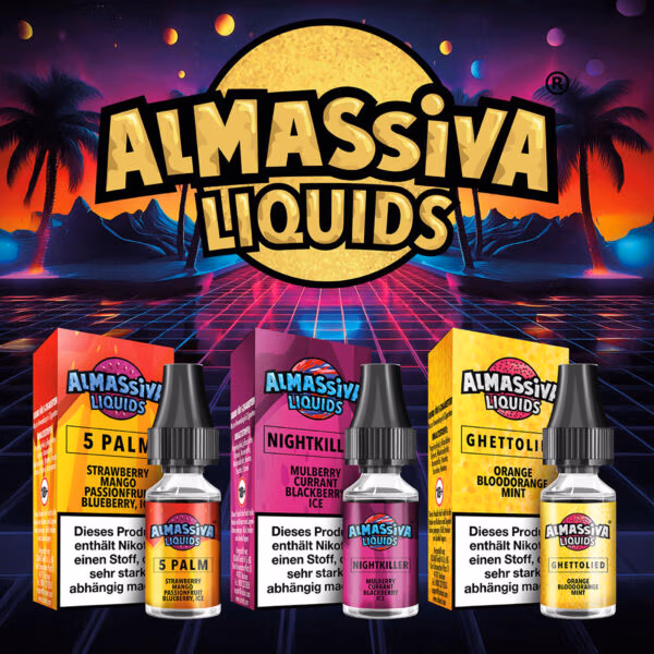Drei Sorten Al Massiva Liquids (5 Palm, Nightkill, GhettoLied) vor Retro-Palmenhintergrund mit Nikotinwarnung.