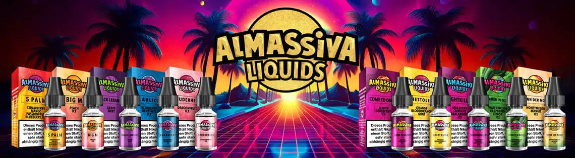 Al Massiva Liquids im Retrowave-Design – bunte Nikotinsalz-Flaschen in kräftigen Farben mit Sorten wie 5 Palm, Big M, Mutterherz und Lemon OG, eingerahmt von Palmen und Sonnenuntergang im 80er-Jahre-Stil
