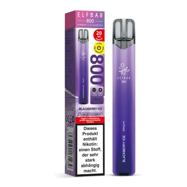 Elfbar 800 Blackberry Ice Einweg E-Zigarette mit Verpackung – 20 mg Nikotingehalt, 800 Züge, violette Farbgebung, mit Warnhinweis und Produktdetails sichtbar.“