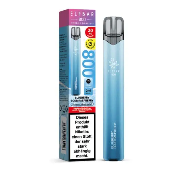 ELFBAR 800 Blueberry Sour Raspberry Einweg E-Zigarette mit Verpackung – hellblaues Design, 20 mg Nikotin, 2 ml E-Liquid, fruchtig-säuerliche Geschmacksrichtung, mit Warnhinweis auf der Verpackung