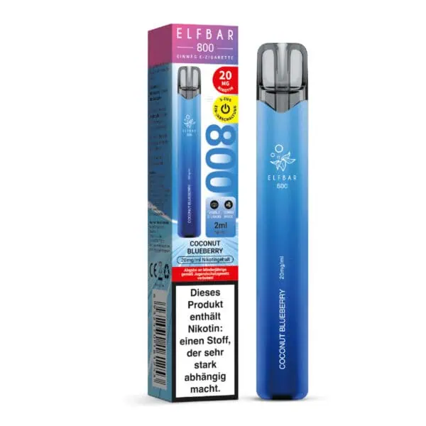 Elfbar 800 Coconut Blueberry Einweg E-Zigarette mit Verpackung – blaues Design, 2 ml E-Liquid mit Kokos-Blaubeere-Geschmack, 20 mg Nikotin, gut sichtbarer Warnhinweis auf der Umverpackung