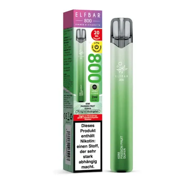 Elfbar 800 Kiwi Passion Fruit Guava Einweg E-Zigarette mit Verpackung – grüne Farbgestaltung, 2 ml E-Liquid mit exotischem Fruchtmix, 20 mg Nikotin, Warnhinweis klar auf der Verpackung erkennbar