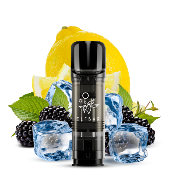 Nahaufnahme eines Elfbar Elfa Pods Blackberry Lemon vor einer Komposition aus frischer Zitrone, Brombeeren, grünen Blättern und Eiswürfeln – symbolisiert den Geschmack „Blackberry Lemon“ mit kühlender Frische.
