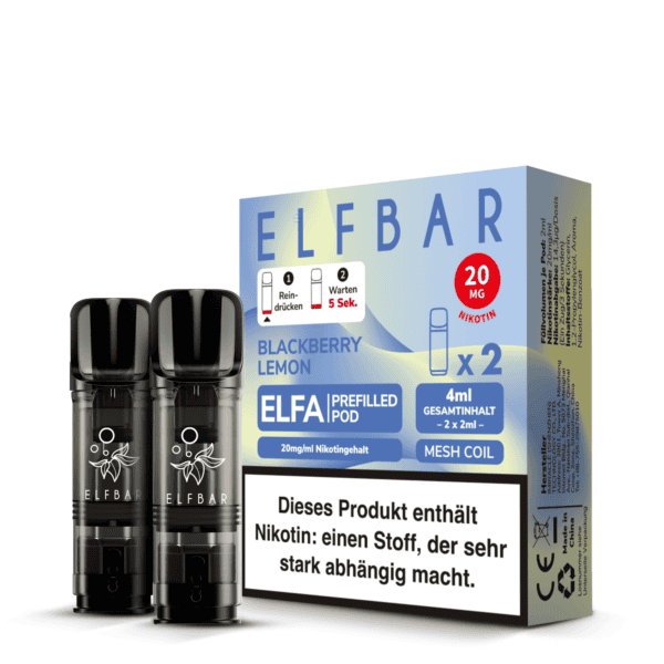 Zwei Elfbar Elfa Pods neben der Verpackung der Sorte „Blackberry Lemon“ mit 20 mg Nikotingehalt – zeigt Anwendungshinweise, Geschmacksrichtung und Nikotinwarnung gut sichtbar.