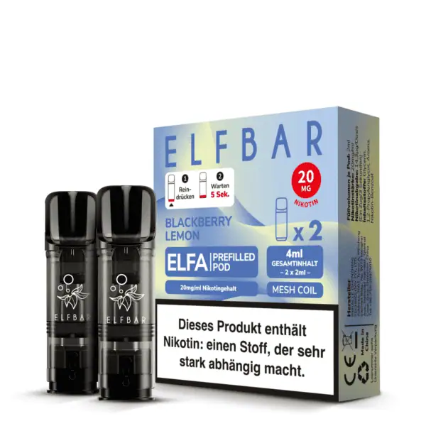 Zwei Elfbar Elfa Pods neben der Verpackung der Sorte „Blackberry Lemon“ mit 20 mg Nikotingehalt – zeigt Anwendungshinweise, Geschmacksrichtung und Nikotinwarnung gut sichtbar.