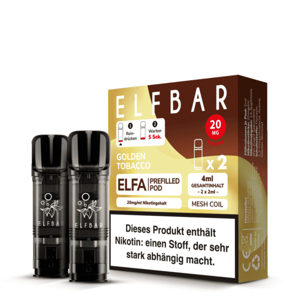 ELFBAR Elfa Prefilled Pods Golden Tobacco mit 20 mg/ml Nikotingehalt – Produktverpackung mit zwei schwarzen Pods und Hinweis auf Nikotinstärke