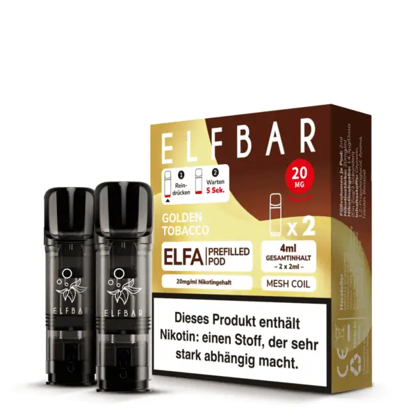 ELFBAR Elfa Prefilled Pods Golden Tobacco mit 20 mg/ml Nikotingehalt – Produktverpackung mit zwei schwarzen Pods und Hinweis auf Nikotinstärke