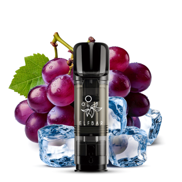 ELFBAR ELFA Pods Grape Ice mit fruchtigen Trauben und Eiswürfeln im Hintergrund – Nikotingehalt: 20 mg/ml.