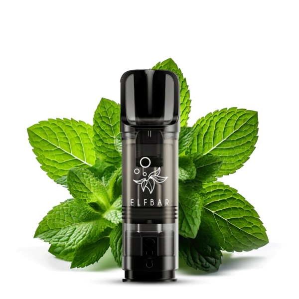 Nahaufnahme eines ELFBAR ELFA Pods Menthol mit frischen grünen Minzblättern im Hintergrund – 20 mg Nikotin pro Pod für intensives Menthol-Arom