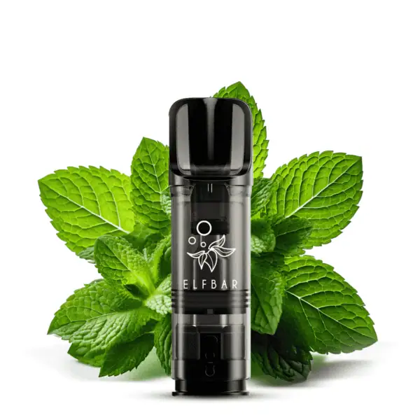 Nahaufnahme eines ELFBAR ELFA Pods Menthol mit frischen grünen Minzblättern im Hintergrund – 20 mg Nikotin pro Pod für intensives Menthol-Arom