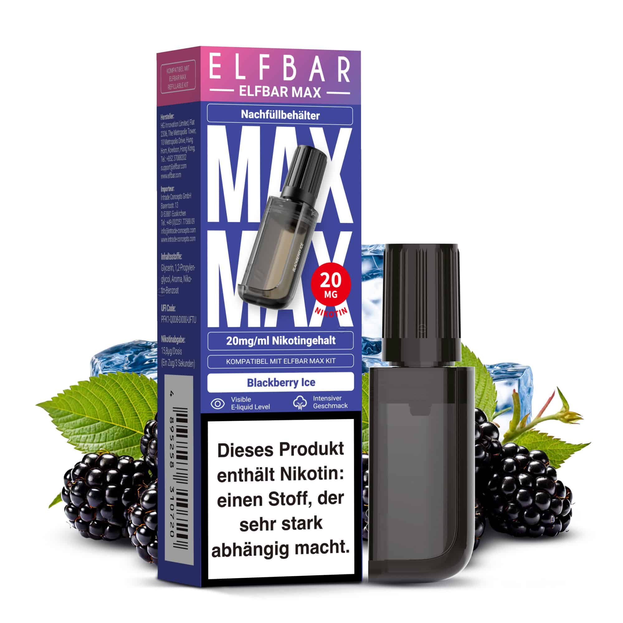 ELFBAR MAX Blackberry Ice Pod – dunkle Brombeere mit kühlender Ice‑Note, 20 mg/ml Nikotin, 10 ml Liquid