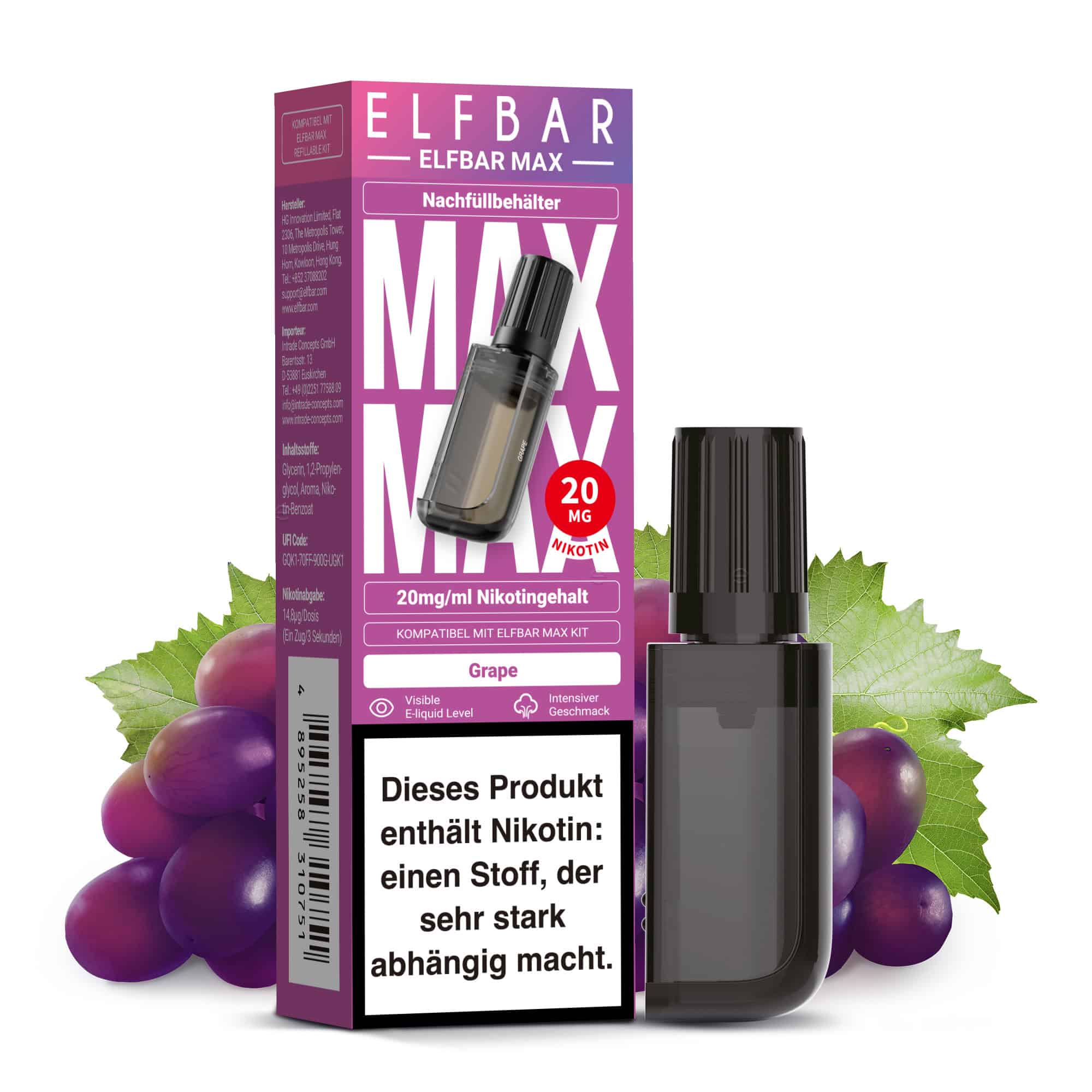 ELFBAR MAX Grape Pod – intensives Traubenaroma, 20 mg/ml Nikotin, 10 ml Liquid