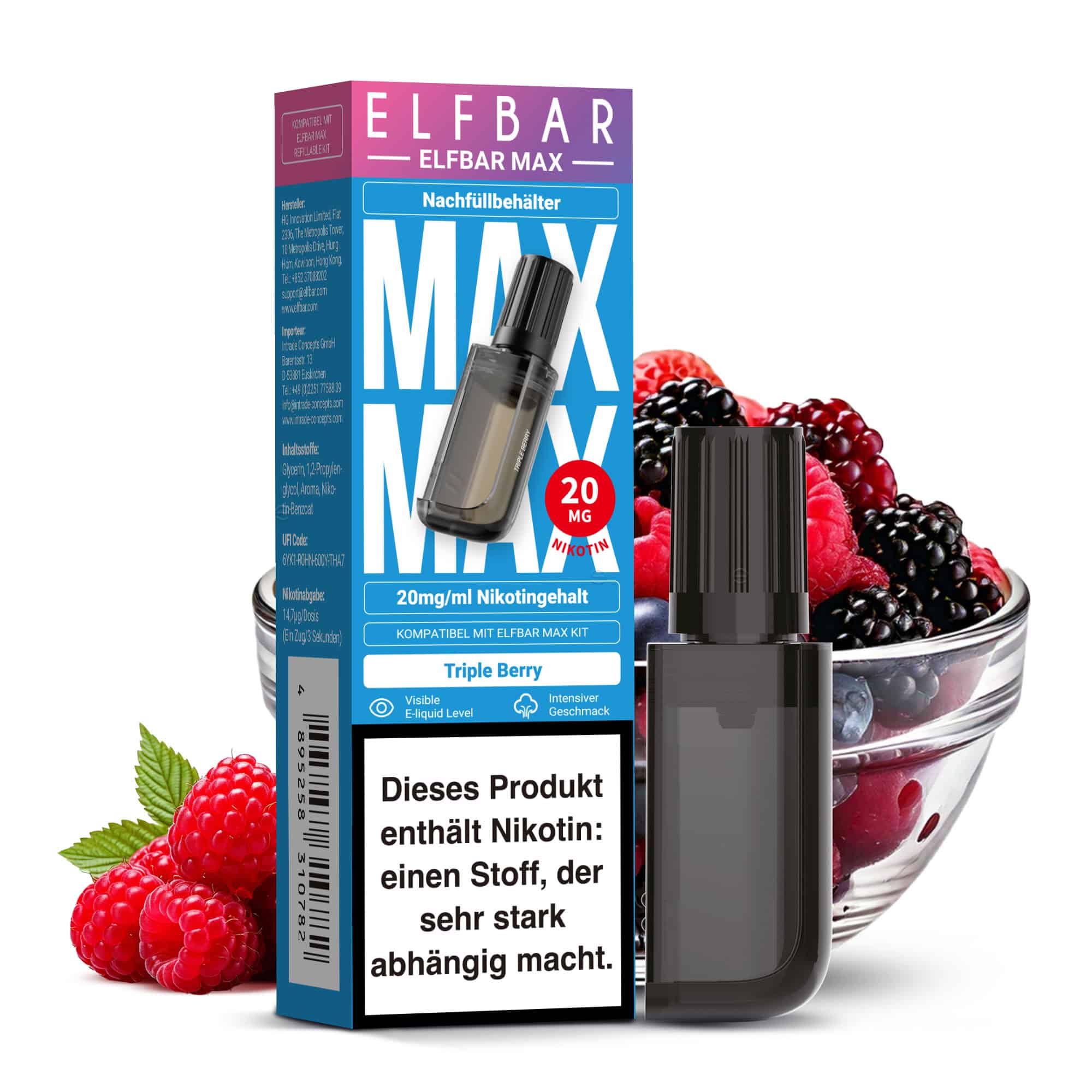 ELFBAR MAX Triple Berry Pod – aromatische Mischung aus drei Beeren (Erdbeere, Himbeere, Brombeere), 20 mg/ml Nikotin, 10 ml Inhalt