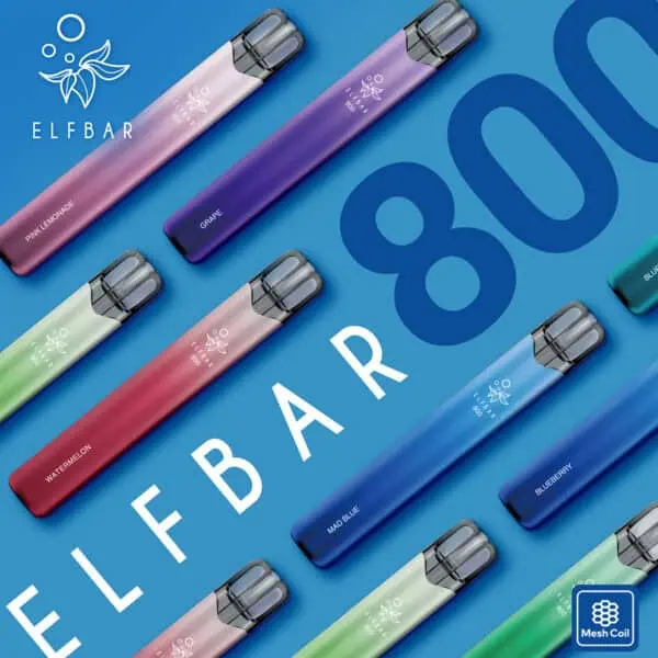 ELFBAR 800 Box Einweg E-Zigaretten im diagonalen Flatlay auf blauem Hintergrund – verschiedene Sorten wie Grape, Mad Blue, Watermelon und Pink Lemonade mit Mesh Coil, modern und farbenfroh inszeniert