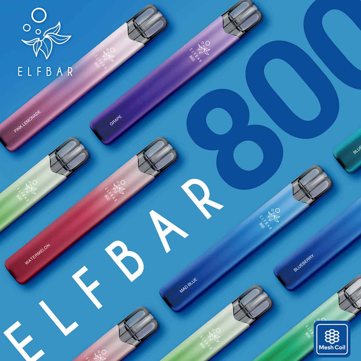 ELFBAR 800 Box Einweg E-Zigaretten im diagonalen Flatlay auf blauem Hintergrund – verschiedene Sorten wie Grape, Mad Blue, Watermelon und Pink Lemonade mit Mesh Coil, modern und farbenfroh inszeniert