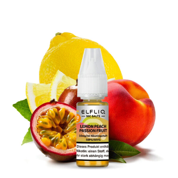 Verpackung von Elfliq Lemon Peach Passionfruit – aromatisches Nikotinsalz-Liquid mit einem Nikotingehalt von **10 mg/ml**. Der Geschmack vereint spritzige Zitrone, saftigen Pfirsich und exotische Passionsfrucht zu einem fruchtig-frischen Dampferlebnis. Im Vordergrund steht das Liquid-Fläschchen, umgeben von aufgeschnittener Passionsfrucht, reifen Pfirsichen und frischen Zitronenscheiben als visuelle Inszenierung des Geschmacksprofils.