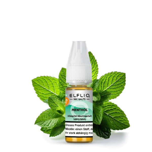 Elfliq Menthol Liquid mit 10 mg/ml Nikotingehalt – kühles Menthol-Aroma auf weißem Hintergrund, umgeben von frischen Minzblättern, geeignet für einen angenehm eisigen Dampfgenuss mit moderatem Nikotingehalt.