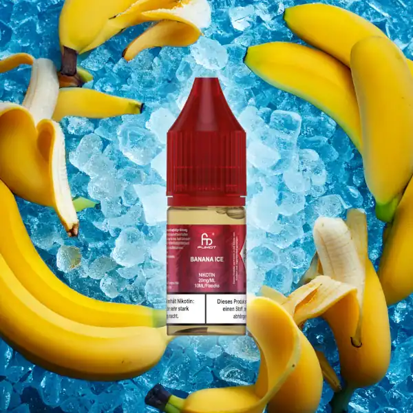 RandM Tornado Liquid Banana Ice 20 mg/ml – gelbes Liquid-Fläschchen mit Bananenmotiv und Ice-Design für E-Zigaretten.