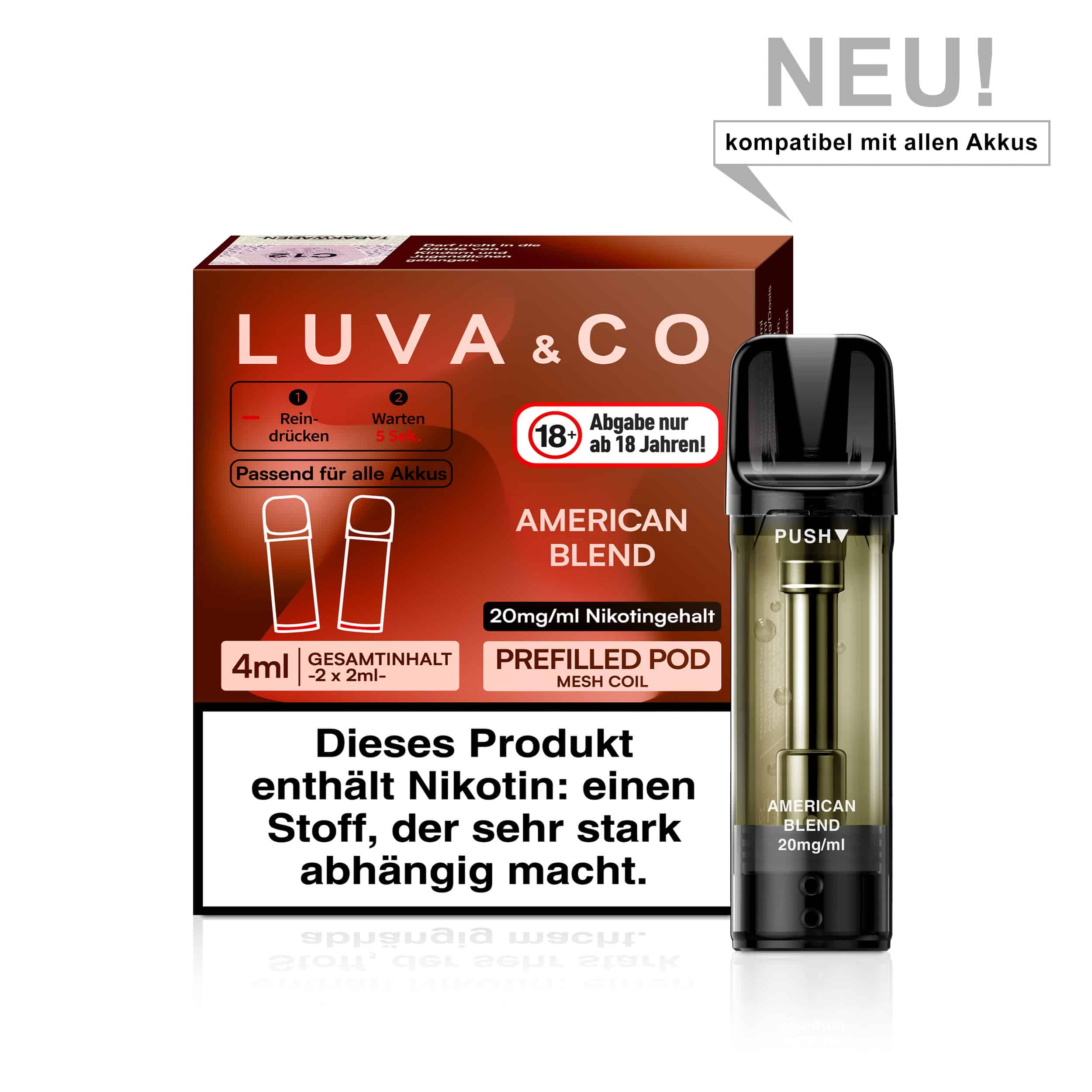 Lovesticks LUVA & CO American Blend Pod – intensiver klassischer Tabakgeschmack, 20 mg/ml Nikotin, 2 ml vorgefüllt