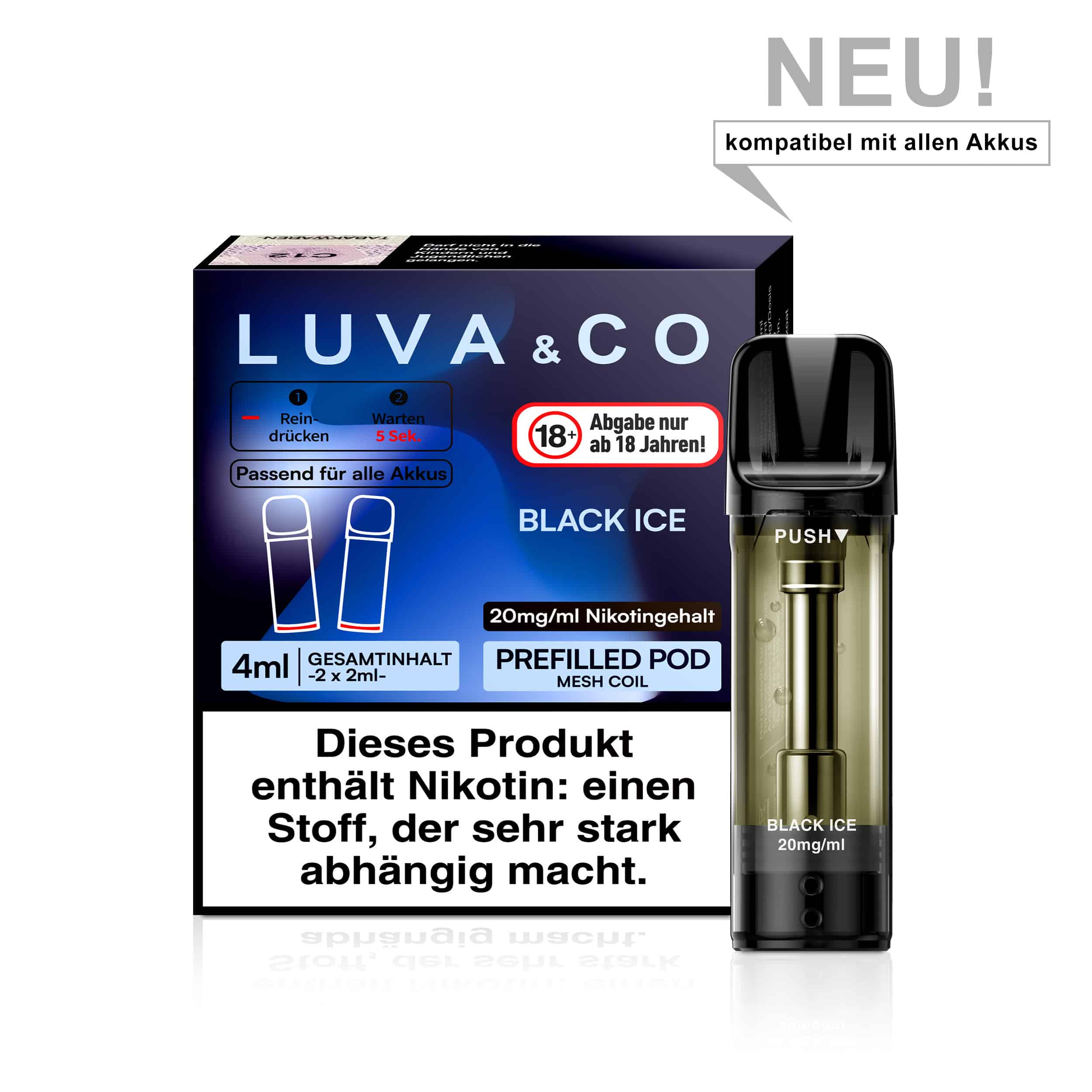 Lovesticks LUVA & CO Black Ice Pod – dunkle Beeren trifft eisige Menthol‑Note, 20 mg/ml Nikotin, 2 ml für ELFA‑kompatible Systeme