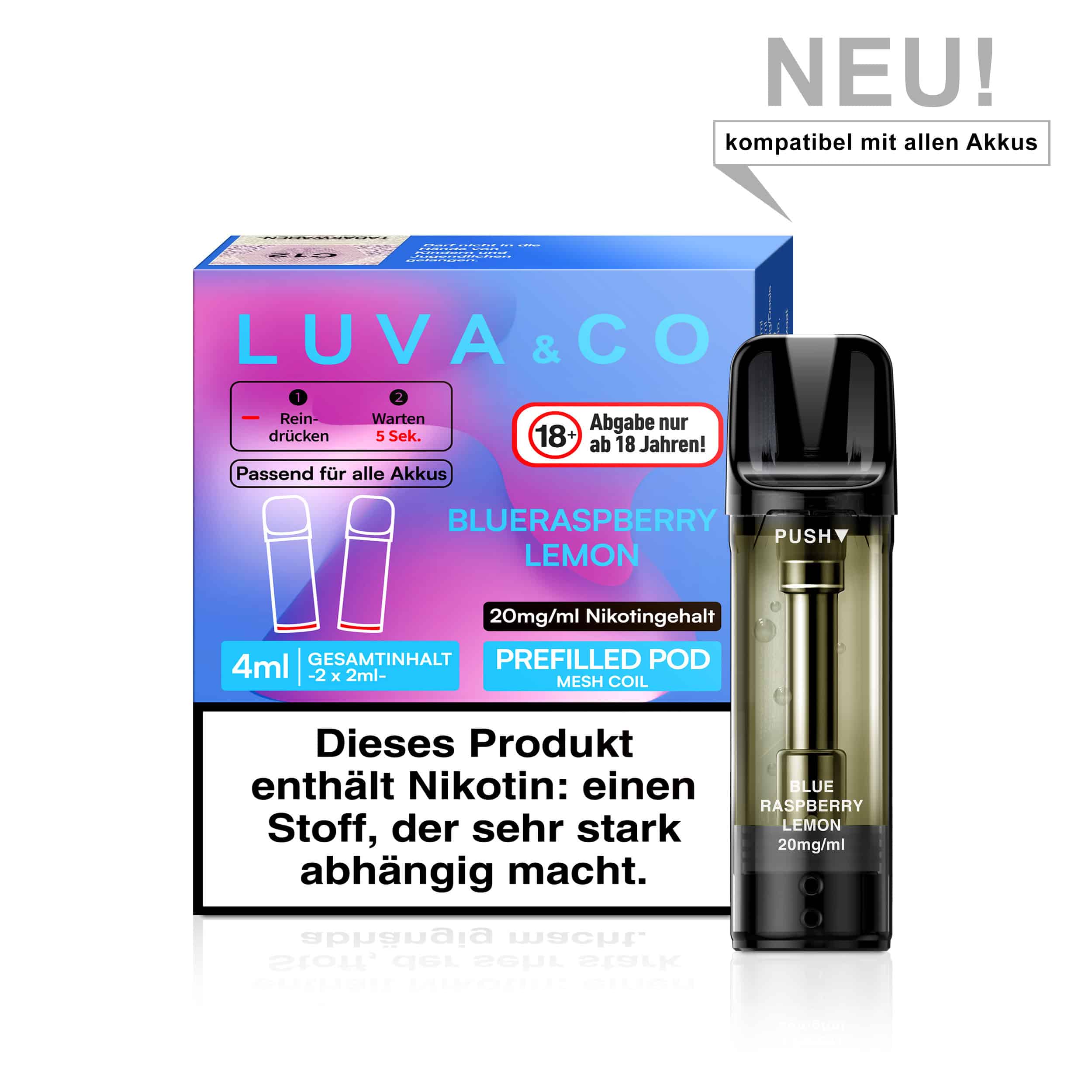 Lovesticks LUVA & CO Blueraspberry Lemon Pod – intensive blaue Himbeere trifft spritzige Zitrone, 20 mg Nikotinsalz, 2‑4 ml vorbefüllt