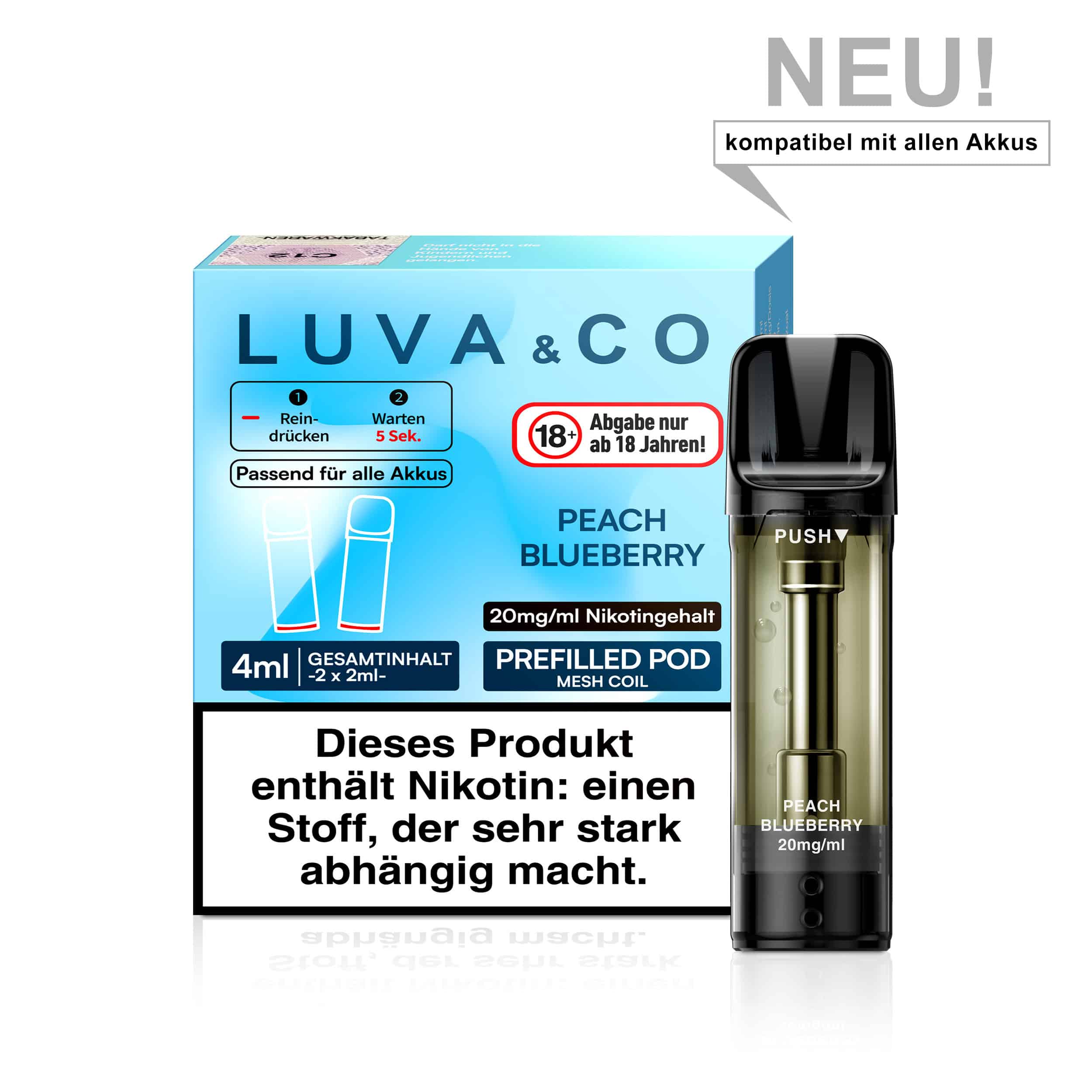Lovesticks LUVA & CO Peach Blueberry Pod – Pfirsich‑ und Blaubeeraroma, 20 mg/ml Nikotin, 4 ml Inhalt