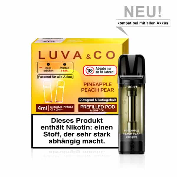 Lovesticks LUVA & CO Pineapple Peach Pear Pod – fruchtige Mischung aus Ananas, Pfirsich und Birne, 20 mg/ml Nikotin, 4 ml Inhalt