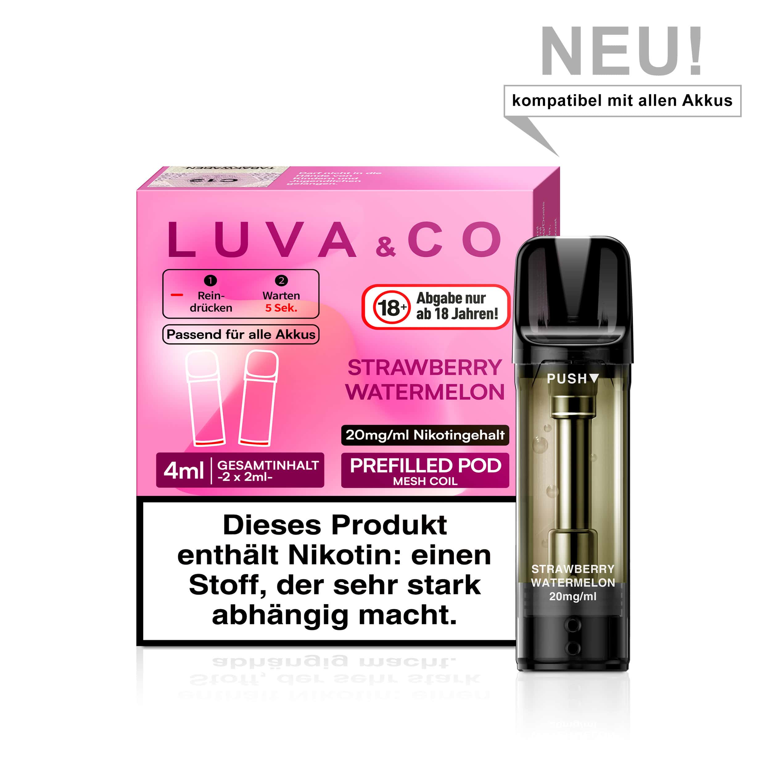 LUVA & CO Strawberry Watermelon Pod – süße Erdbeere trifft saftige Wassermelone, 20 mg/ml Nikotin, 4 ml vorgefüllt