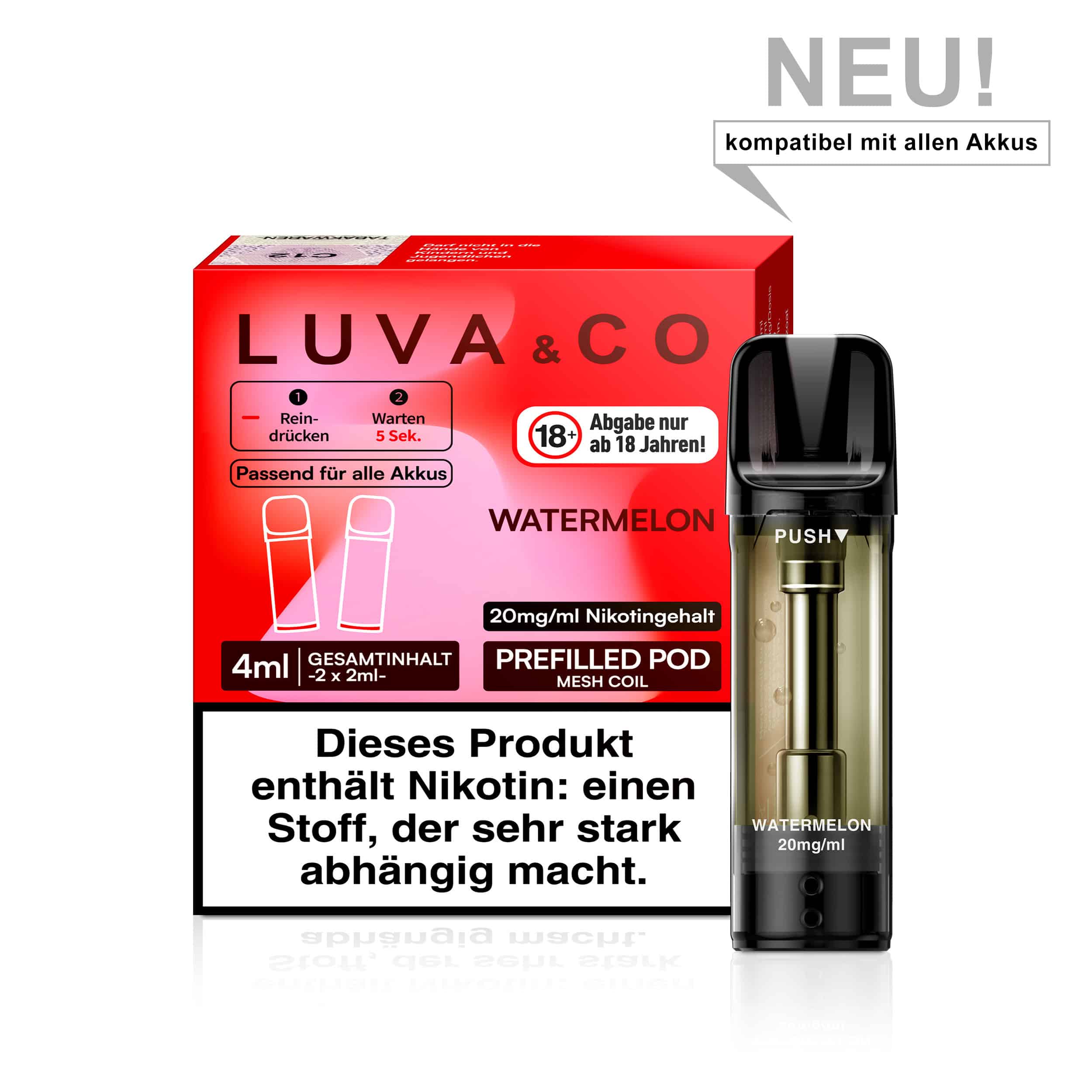 LUVA & CO Watermelon Pod – saftige Wassermelone, 20 mg/ml Nikotin, 4 ml vorgefüllt